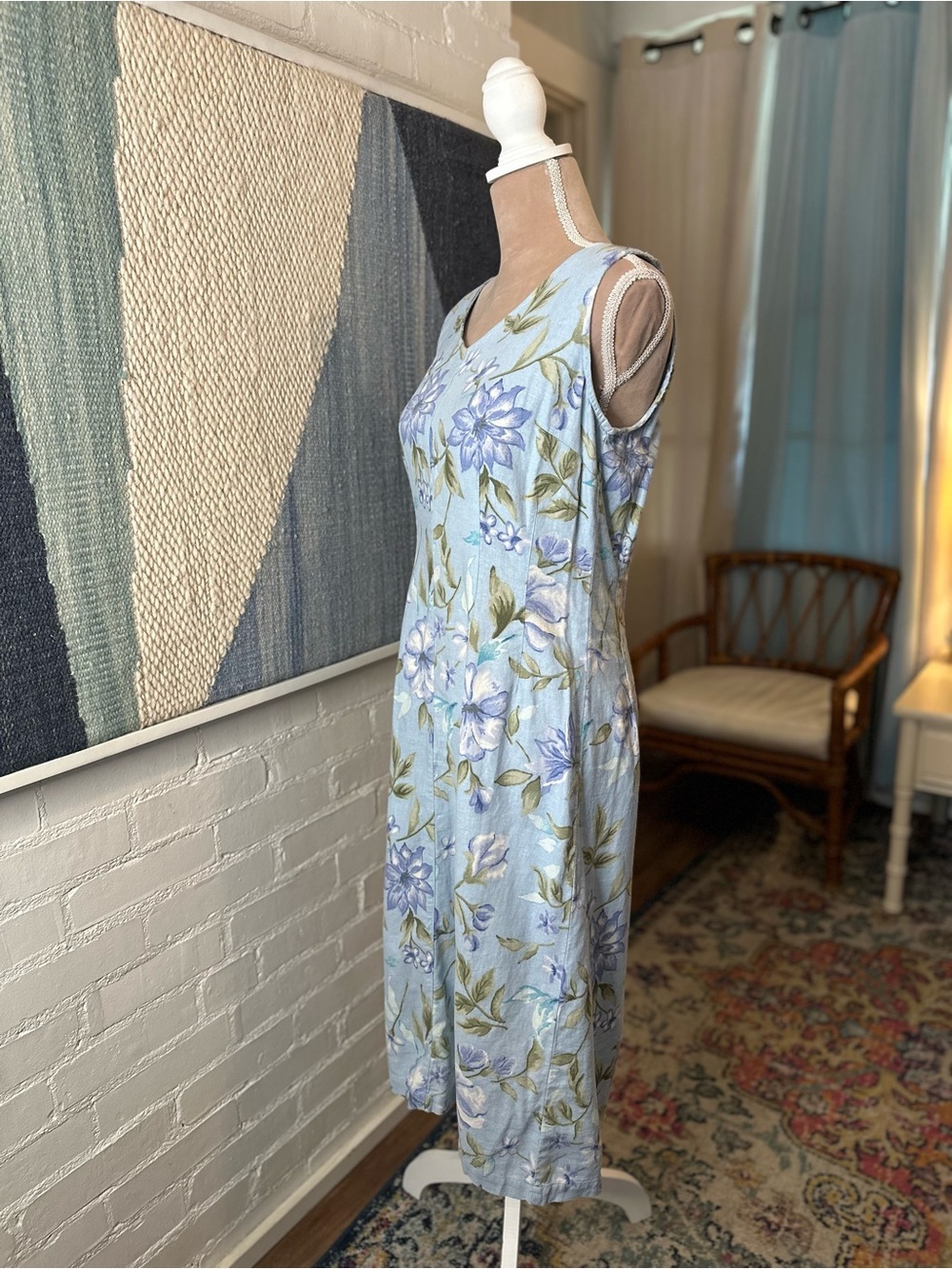 Expressions Linen Blend Blue Floral 90s Sleeveless Midi Dress - Picture 7 of 11
